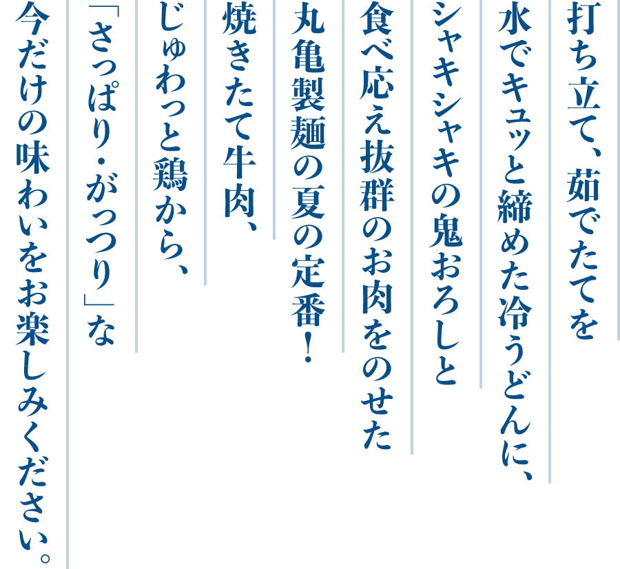 打ち立て、茹でたてを水でキュッと締めた冷うどんに、シャキシャキの鬼おろしと食べ応え抜群のお肉をのせた丸亀製麺の夏の定番！焼きたて牛肉、じゅわっと鶏から、さっぱり豚しゃぶ、「さっぱり・がっつり」な今だけの味わいをお楽しみください。